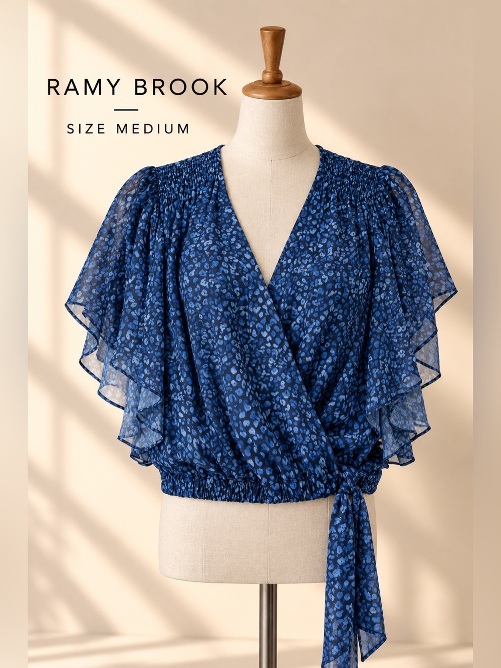 Ramy Brook Kitty Blue Animal Print Flutter Sleeve Top Size Medium